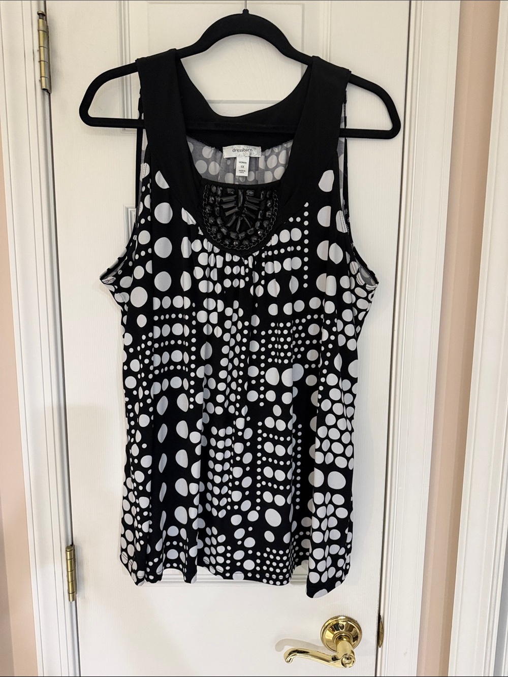 Dress Barn Black and White Polka Dot Sleeveless Top with Beaded Neckline, 1X